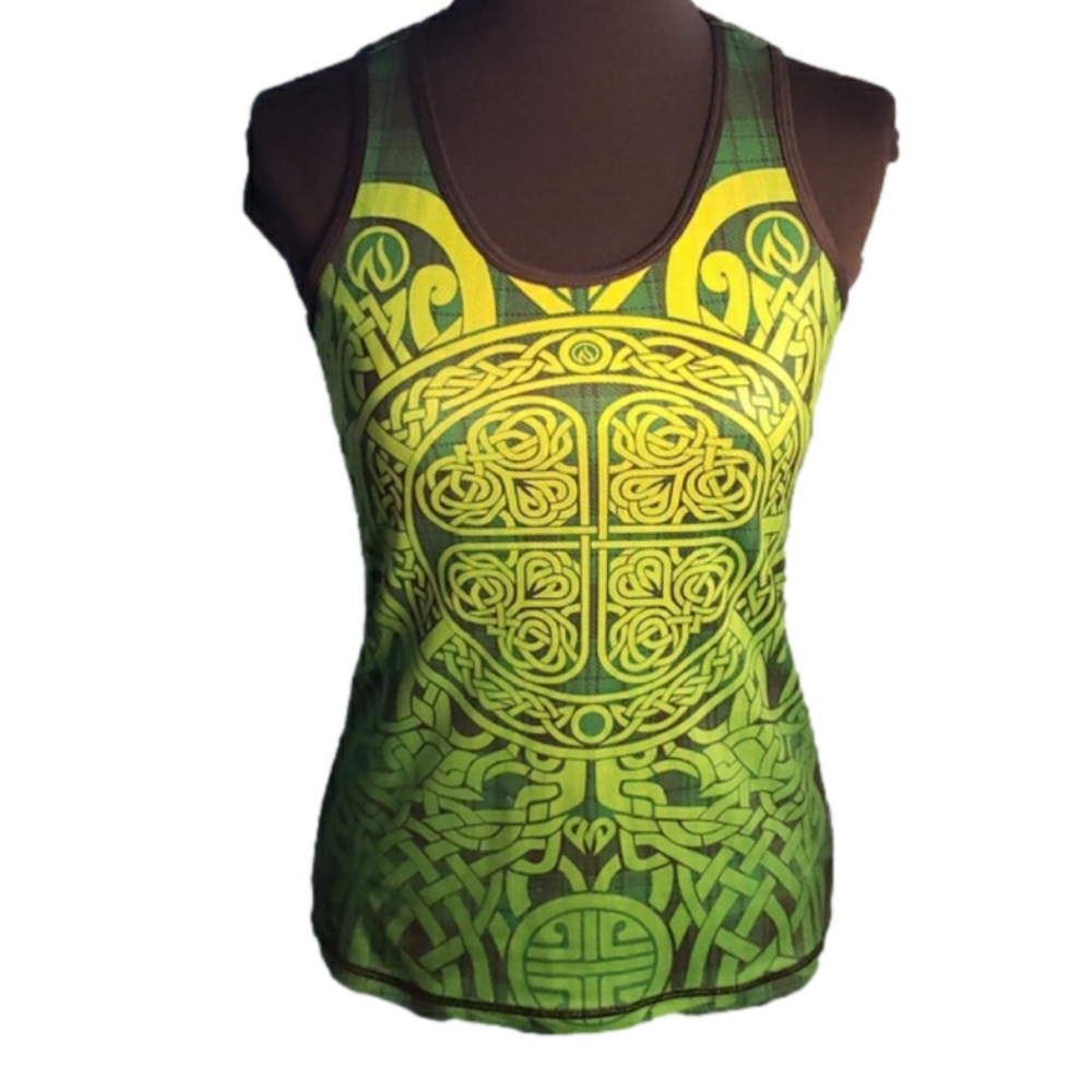 Bright neon dayglo green yellow INKnBURN tribal t-back stretchy celtic tank top